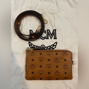 MCM cognac vestido monogram mini zipper crossbody pouch ! Turns into a belt!